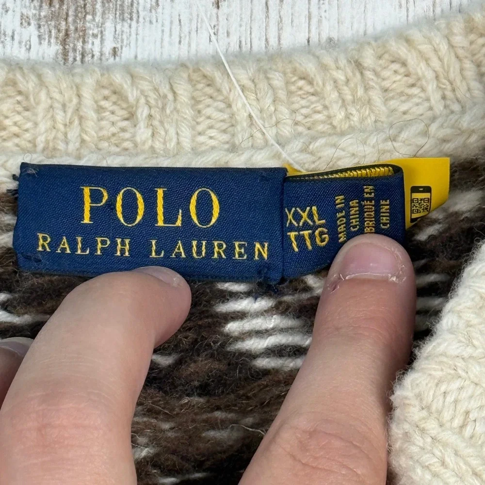 Polo Ralph Lauren 100% Wool Cable Knit Fair Isle Sweater Cream XXL Mens Nordic